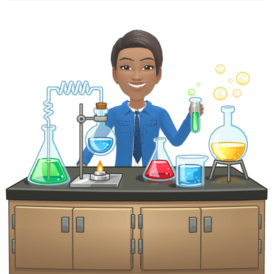 Teenage Maz smiling behind a school chemistry bench