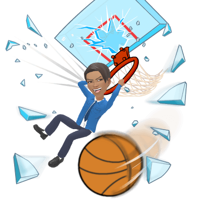 Teenage Maz crashing energetically through a window while playing basketball
