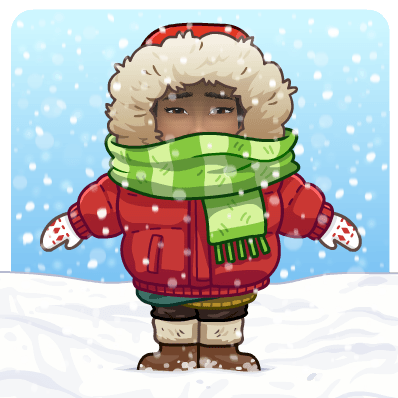 Teenage Maz bundled in a red coat, scarf and fur-lined hood in the snow