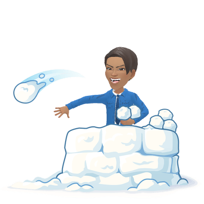 Teenage Maz grinning behind a snow fort with a snowball ready