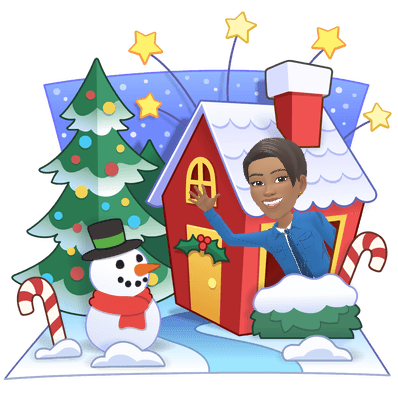 Teenage Maz opening a large Christmas present in a snowy festive scene