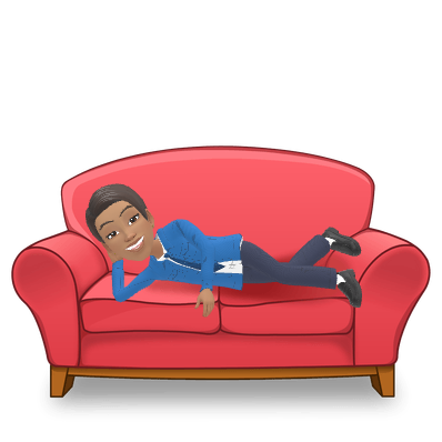 Teenage Maz resting on a red sofa