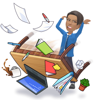 Teenage Maz overwhelmed at a desk surrounded by scattered work