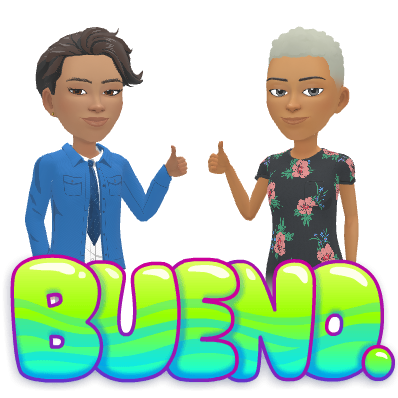 Teenage Maz standing beside an older relative beneath the word Bueno
