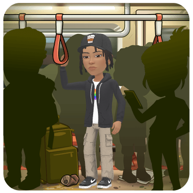 Young adult Ree standing among commuters on public transport