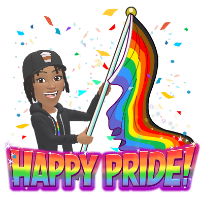 Young adult Ree waving a rainbow flag beneath the words Happy Pride