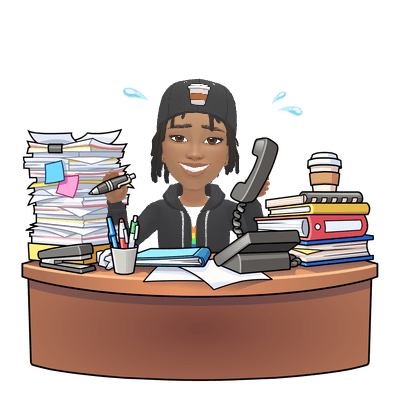 Young adult Ree working at a desk surrounded by files and telephones