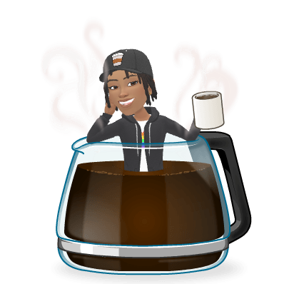 Young adult Ree leaning happily against an enormous jug of black coffee