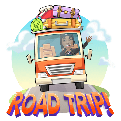 Young adult Ree driving a packed vehicle beneath the words Road Trip