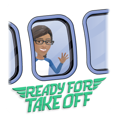 Ree waving from an aeroplane window above the words Ready for Takeoff