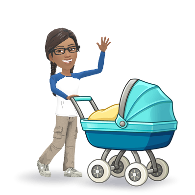 Ree smiling beside a baby in a pram