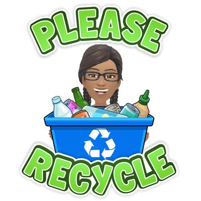 Ree carrying bottles in a recycling box beneath the words Please Recycle