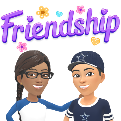 Ree standing beside her online friend Ron beneath the word Friendship