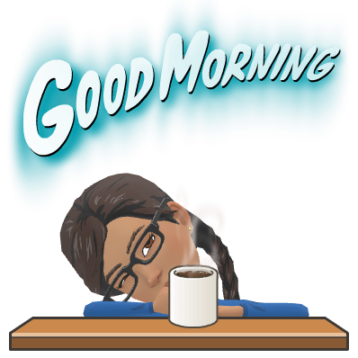 Ree sleeping beside a coffee cup beneath the words Good Morning