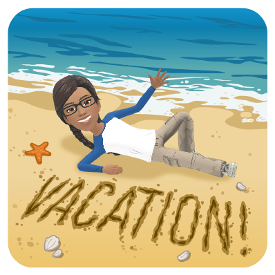 Ree relaxing on a beach beside the word Vacation