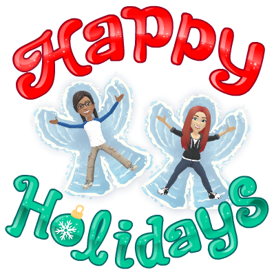 Ree and a red-haired friend making snow angels beneath the words Happy Holidays