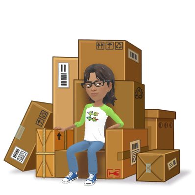 Ree carrying boxes beneath the word Moving