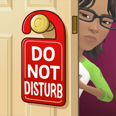Ree looking cautiously around a door displaying a Do Not Disturb sign