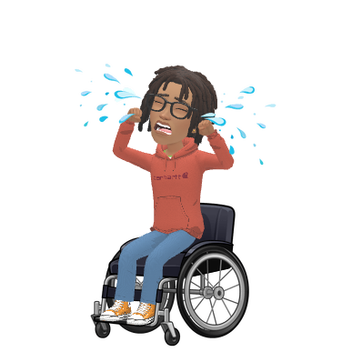 Ree crying while seated in a wheelchair