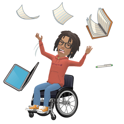 A frustrated Ree in a wheelchair surrounded by flying forms, notebooks and a computer
