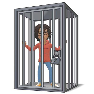Ree looking through the bars of a police cell beneath the words In Jail