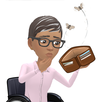 Ree looking worried beside an empty purse beneath the word Broke