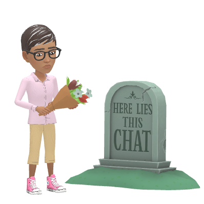Ree placing flowers beside a gravestone labelled Here Lies This Chat