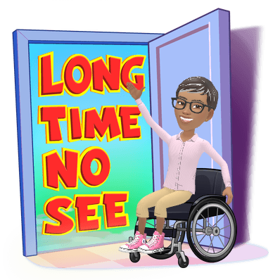 Ree emerging through a colourful doorway beneath the words Long Time No See