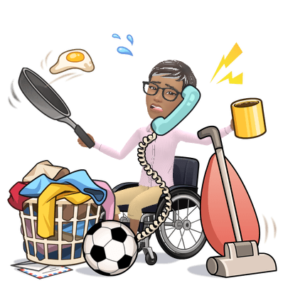 Ree in her wheelchair juggling household tasks, a phone and cleaning equipment