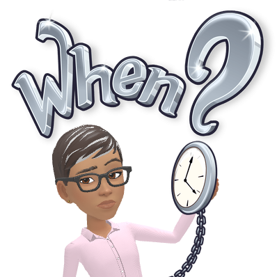 Ree waiting beside a clock and telephone beneath the word When