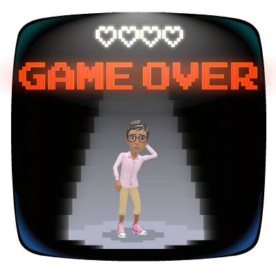 Ree standing beneath a glowing Game Over sign