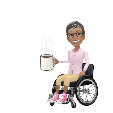 Ree sitting in her wheelchair and holding a cup of coffee