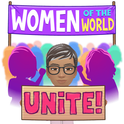 Ree joining women beneath banners reading Women of the World Unite