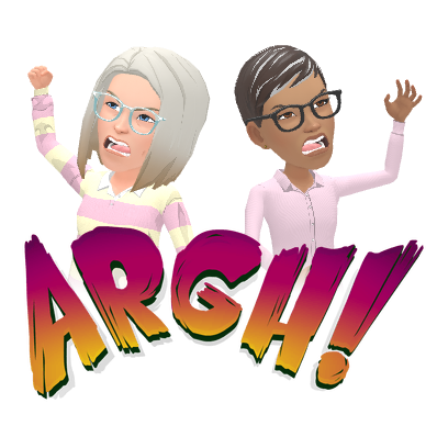Ree and Mum throwing their hands up beneath the word Aargh