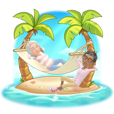 Ree and Mum relaxing in hammocks on a small tropical island