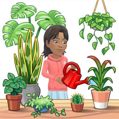 Young Ree watering a collection of plants