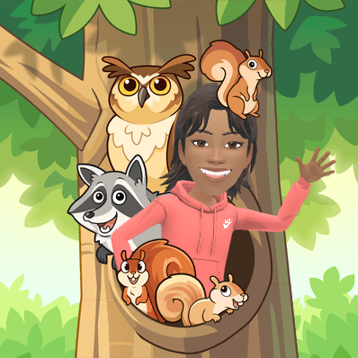 Young Ree in a tree surrounded by woodland animals