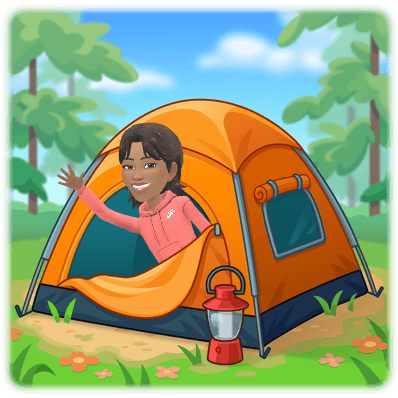 Young Ree smiling from the entrance of an orange tent