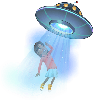 Young Ree being lifted into a flying saucer by a beam of light